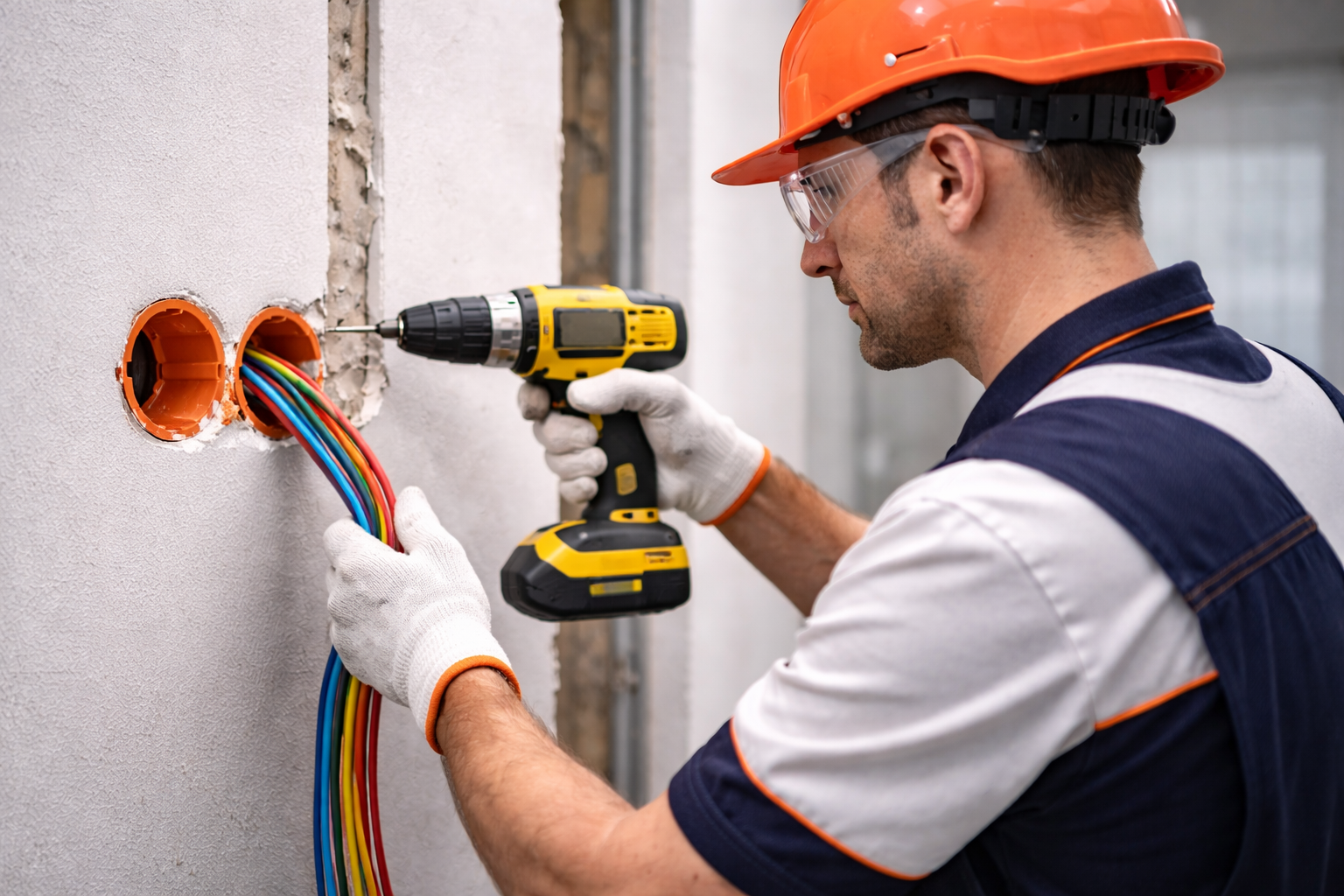Electrician installing wiring in drywall