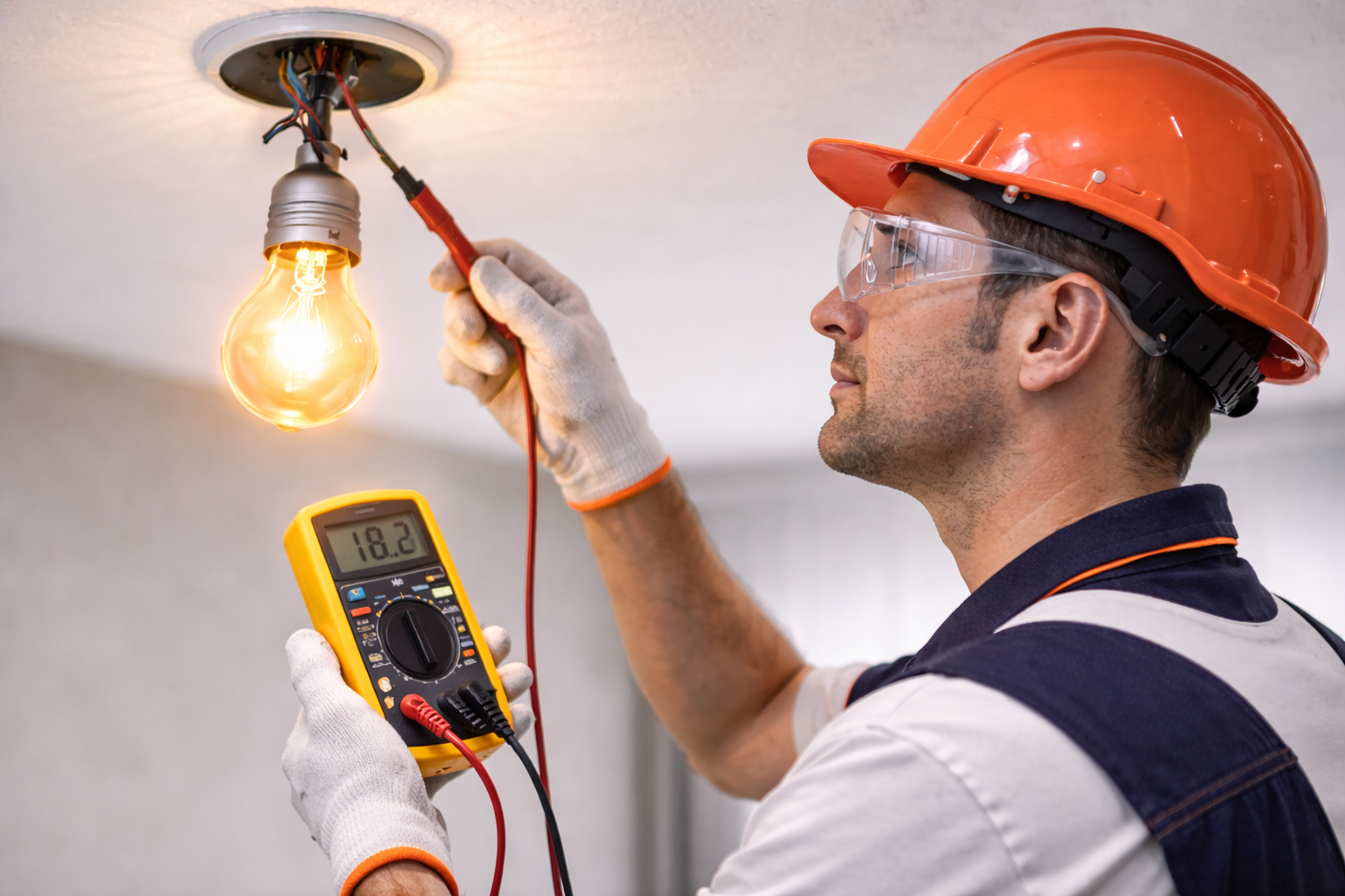 Electrician inspecting flickering light fixture